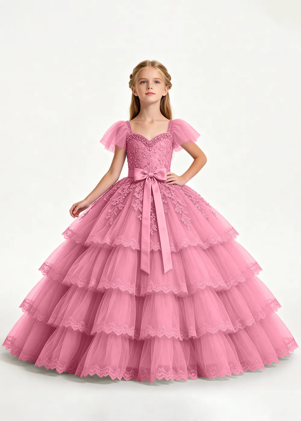 Pale Lavender Four-Tier Flower Girl Gown with Front Bow
