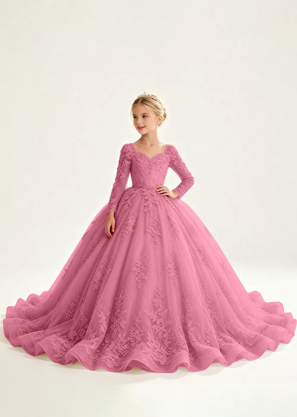 Flower Girl Dress with Long Lace Sleeves and Train