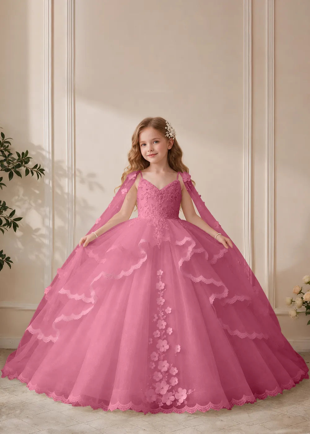 Dusty Rose Flower Girl Dress with Floral Lace and Shoulder Drapes