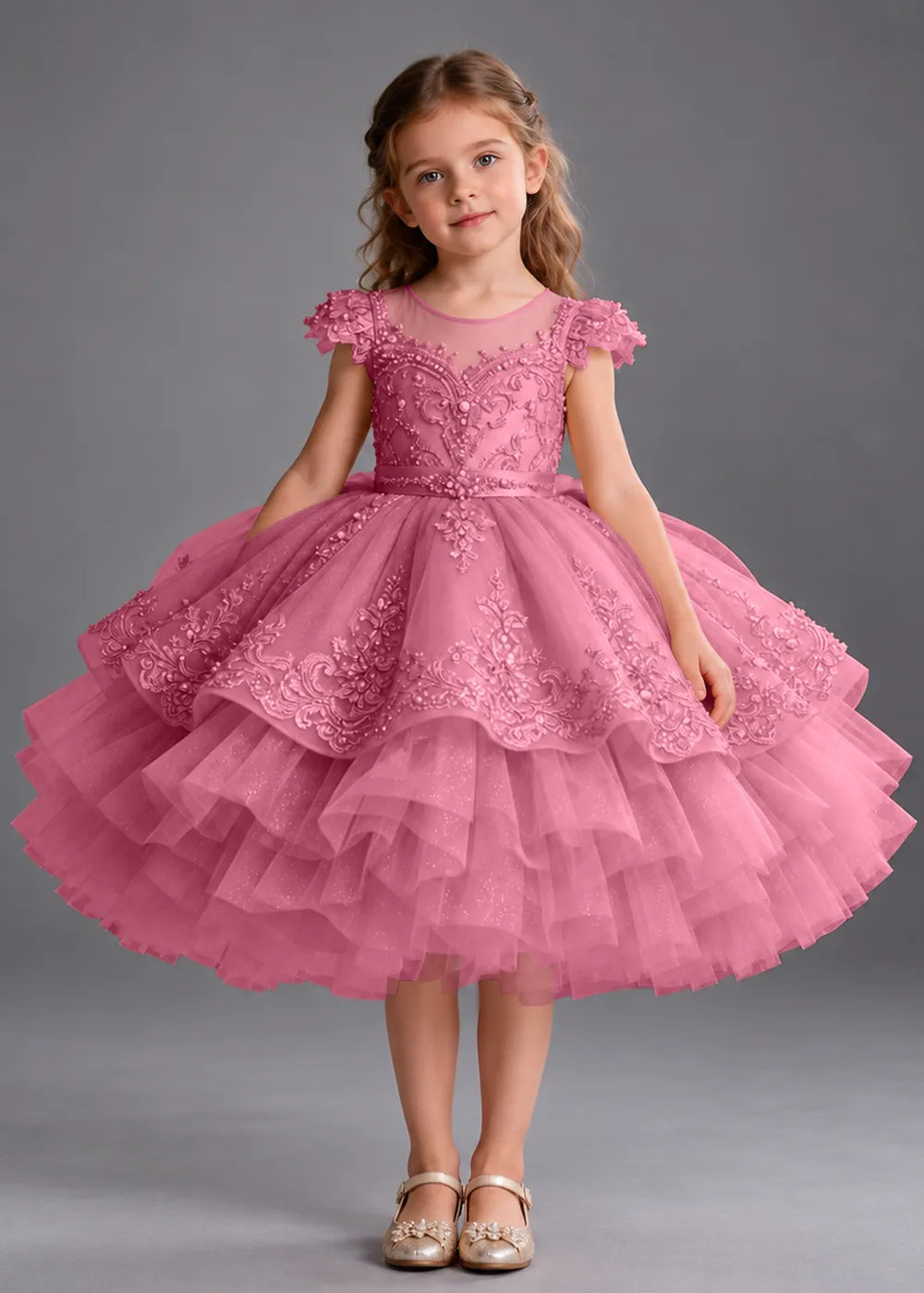 Gold Knee-Length Flower Girl Dress with Scalloped Lace Overlay