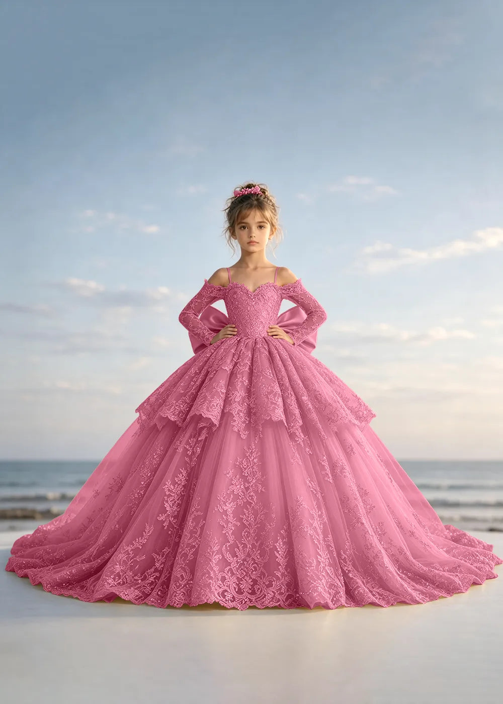 Navy Blue Lace Flower Girl Gown with Peplum and Trailing Satin Bow