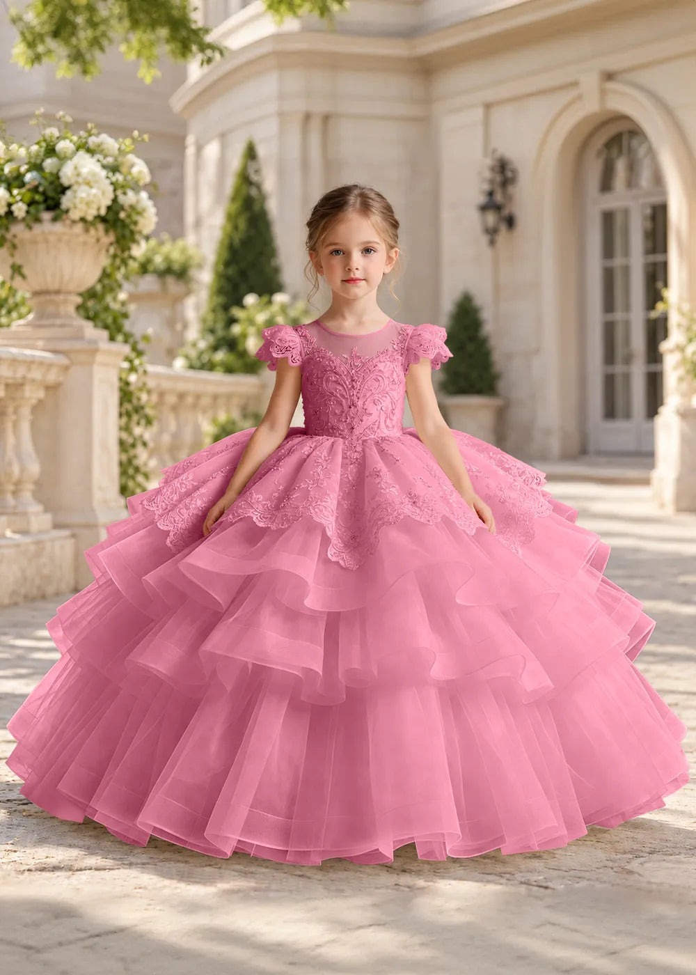 White Flower Girl Ball Gown with Scalloped Lace and Tiered Ruffles