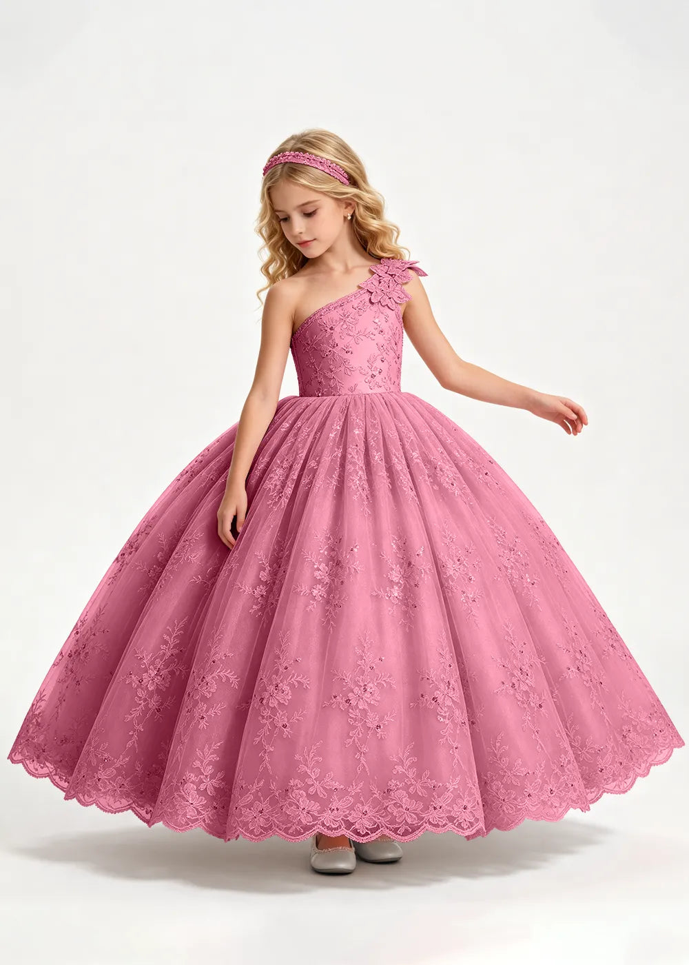Warm Pale Blush One-Shoulder Flower Girl Gown with Scalloped Lace