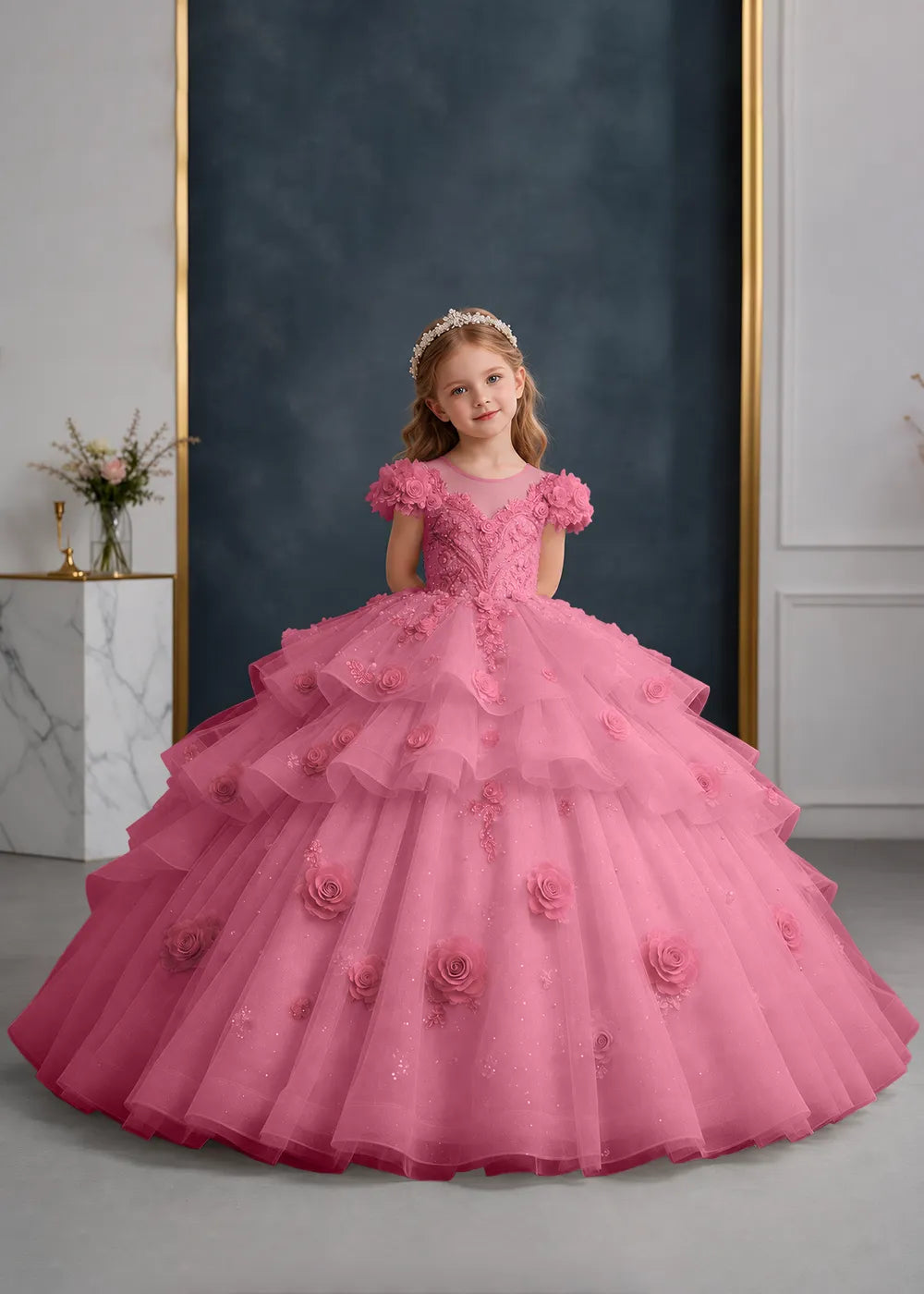 Pink Rose-Applique Flower Girl Ball Gown with Cascading Ruffles