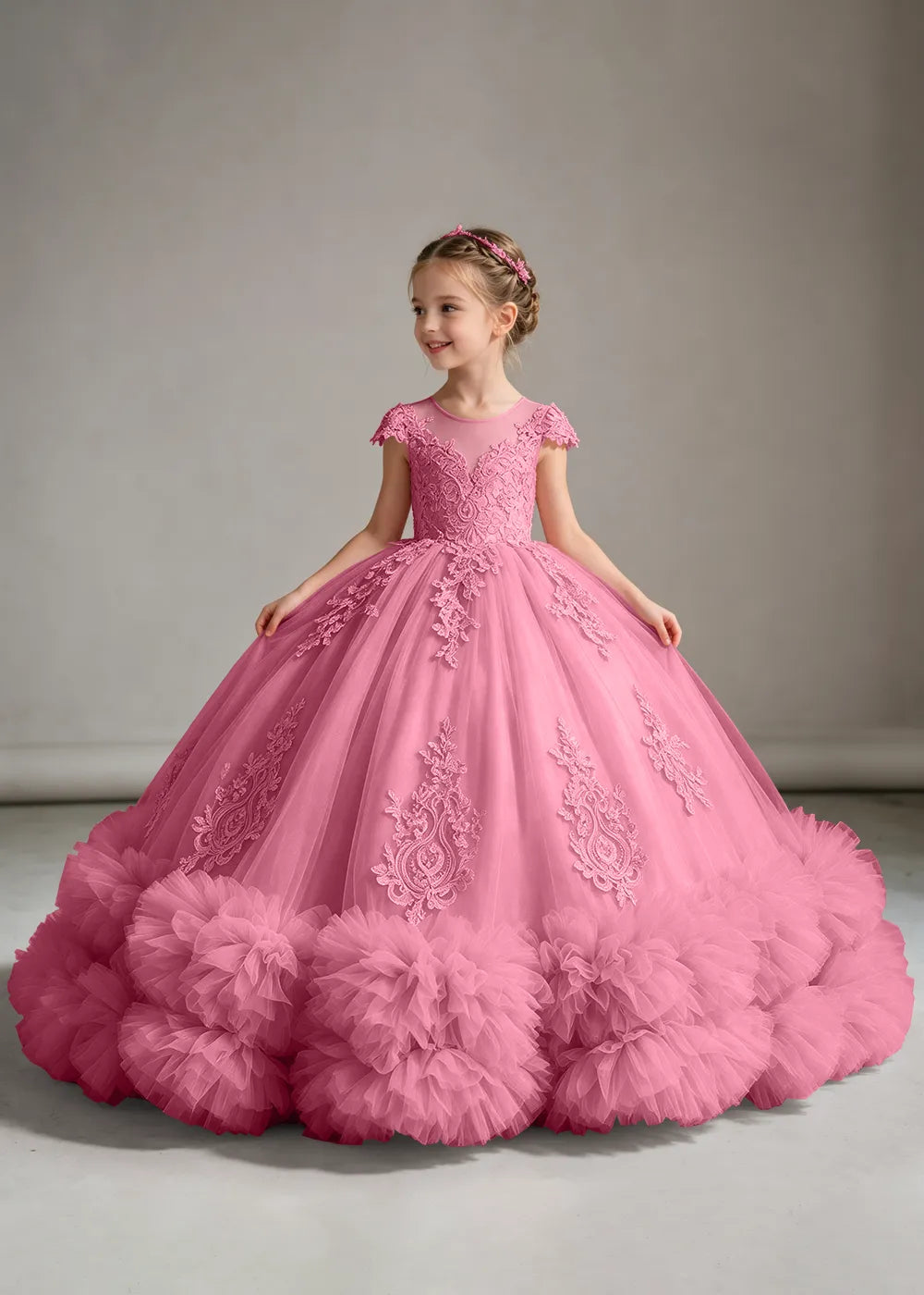 Pink Flower Girl Ball Gown with Floral Bodice and Ruffle Hem