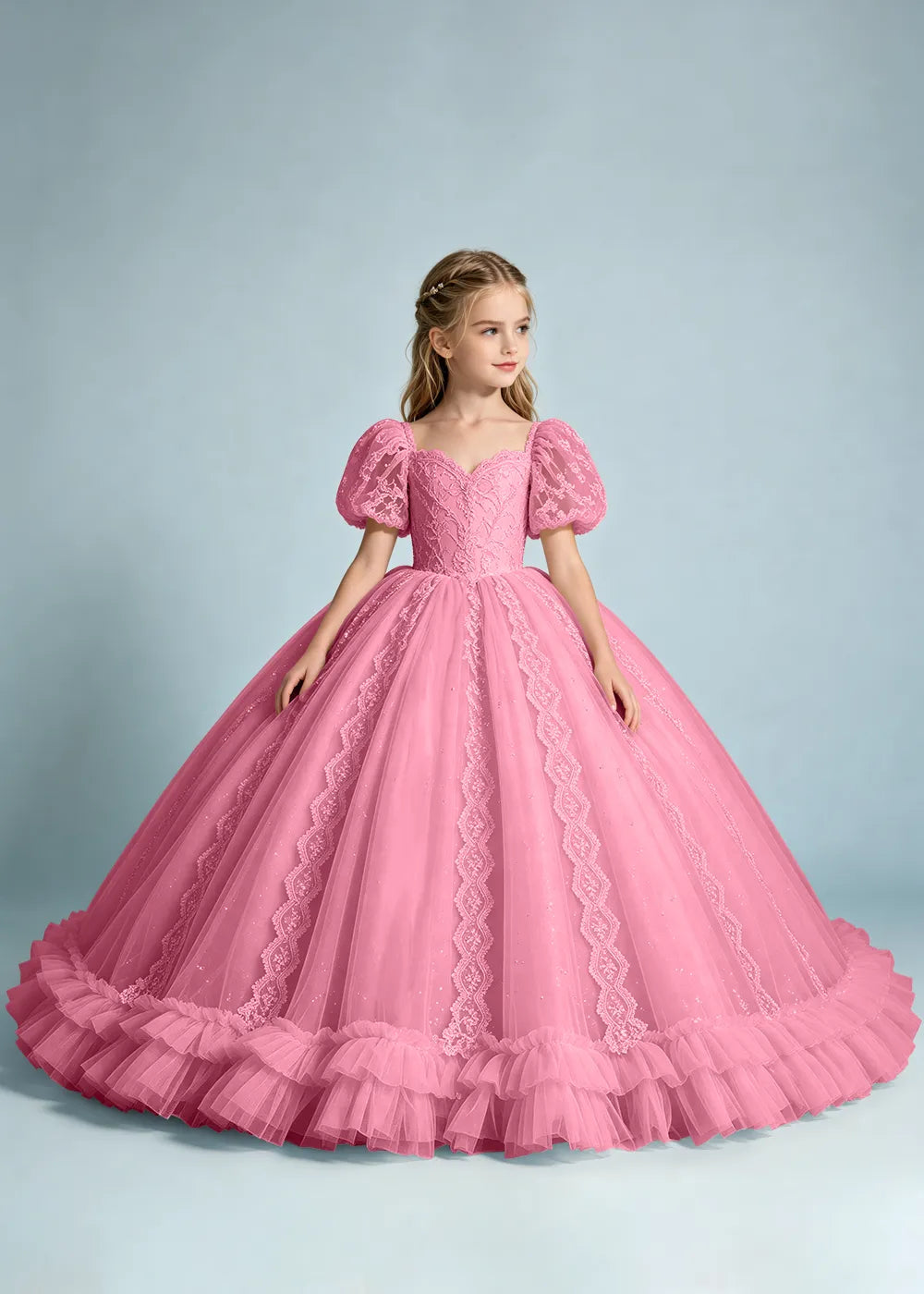 Warm Ivory Flower Girl Gown with Puff Sleeves and Ruffled Hem