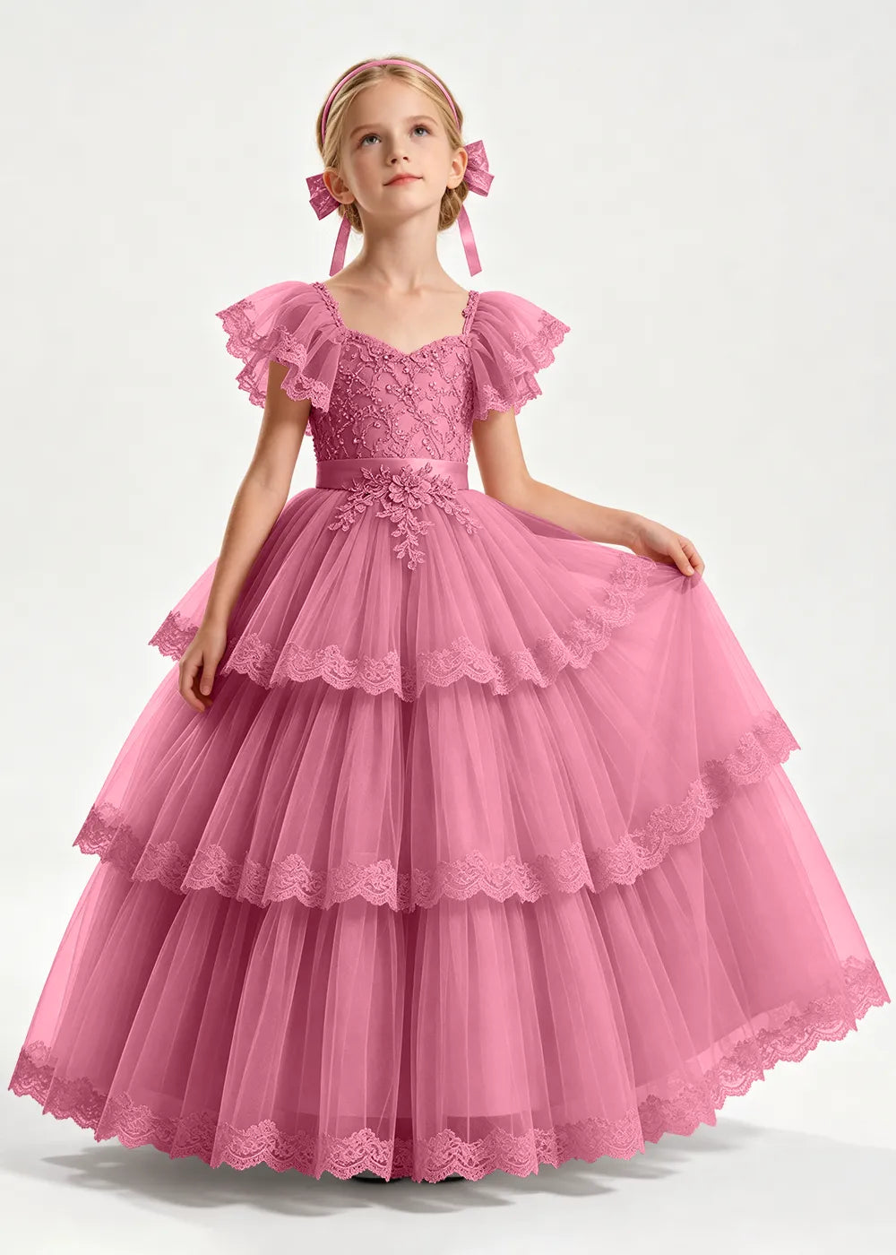 Warm Blush Pink Flower Girl Ball Gown with Three Lace-Edged Tiers