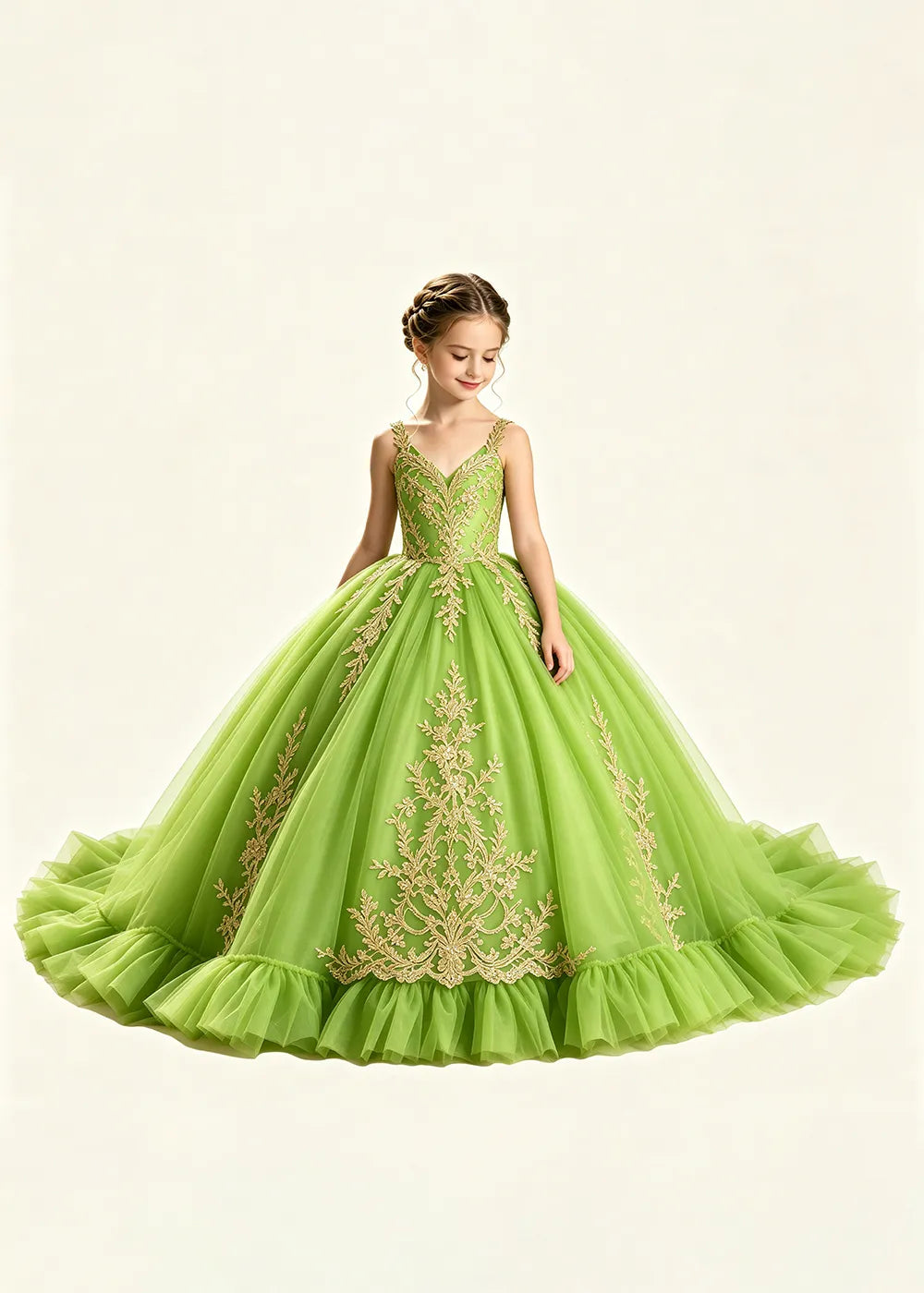 Gold Appliqué V-Neck Flower Girl Ball Gown Dress