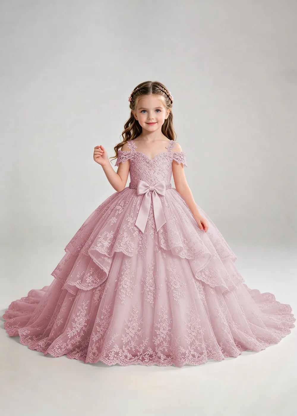 Bow Waist Floral Lace Flower Girl Ball Gown Dress