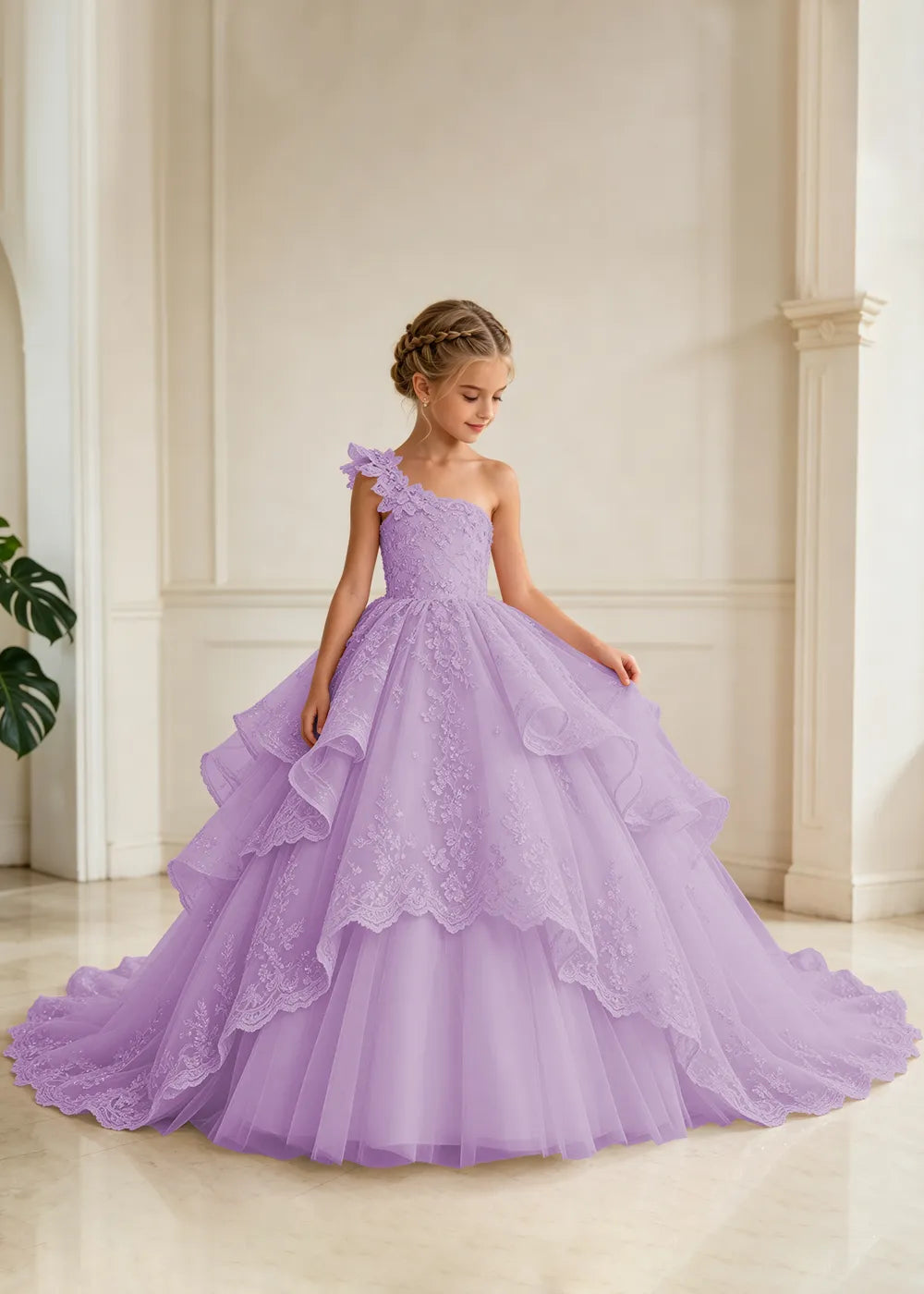 Floral Strap Tiered Lace Flower Girl Ball Gown Dress