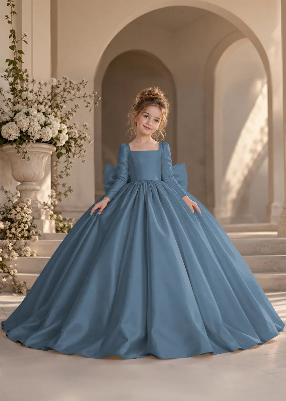 Dusty Blue Long-Sleeve Flower Girl Dress with a Full Skirt and Bow