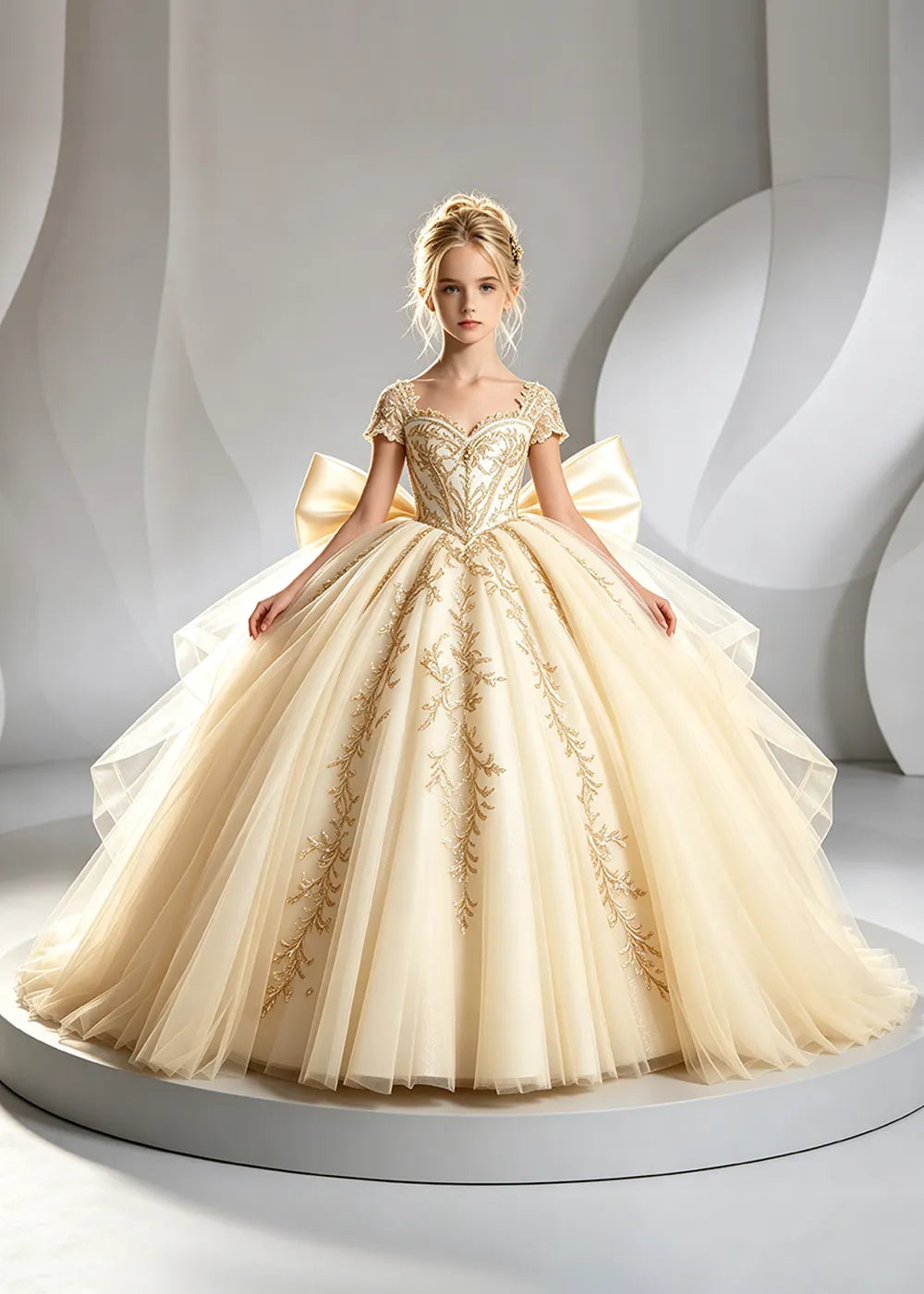 Cap Sleeve Sequin Bodice Flower Girl Dress with Bow and Gold Embroidery