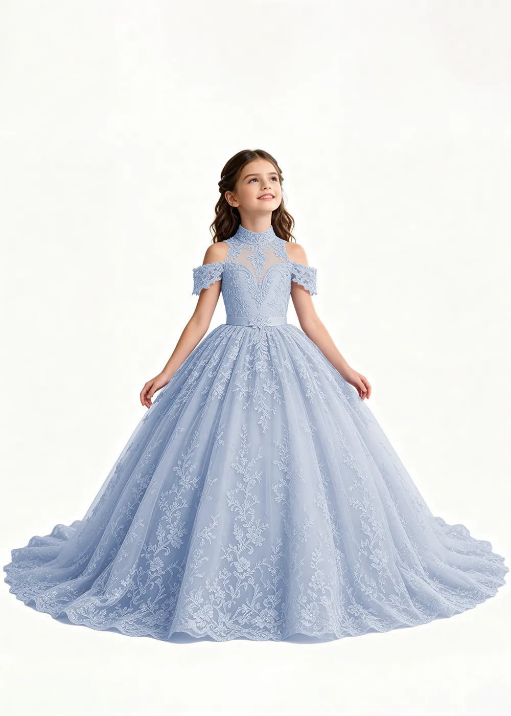 Lavender Flower Girl Gown with Floral Neckline and Train