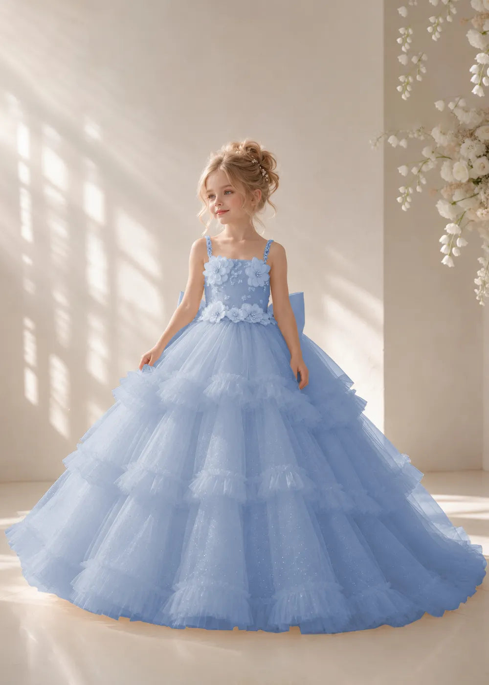 Front view of a child wearing a dusty blue flower girl dress with beaded spaghetti straps, a bodice covered in three-dimensional fabric flowers and a multi-tiered tulle skirt.