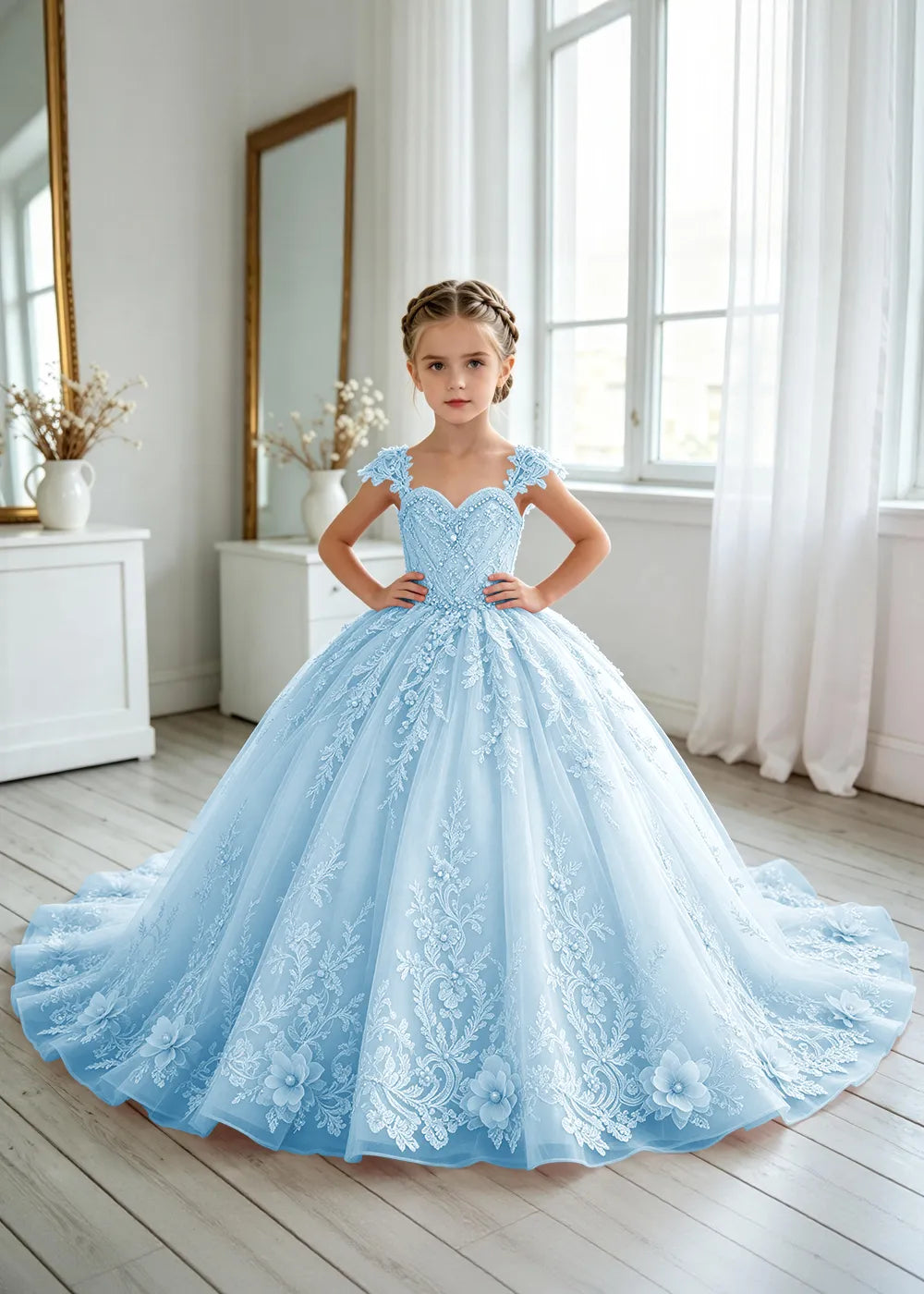 Floral V-Neck Lace Princess Dress for Girls