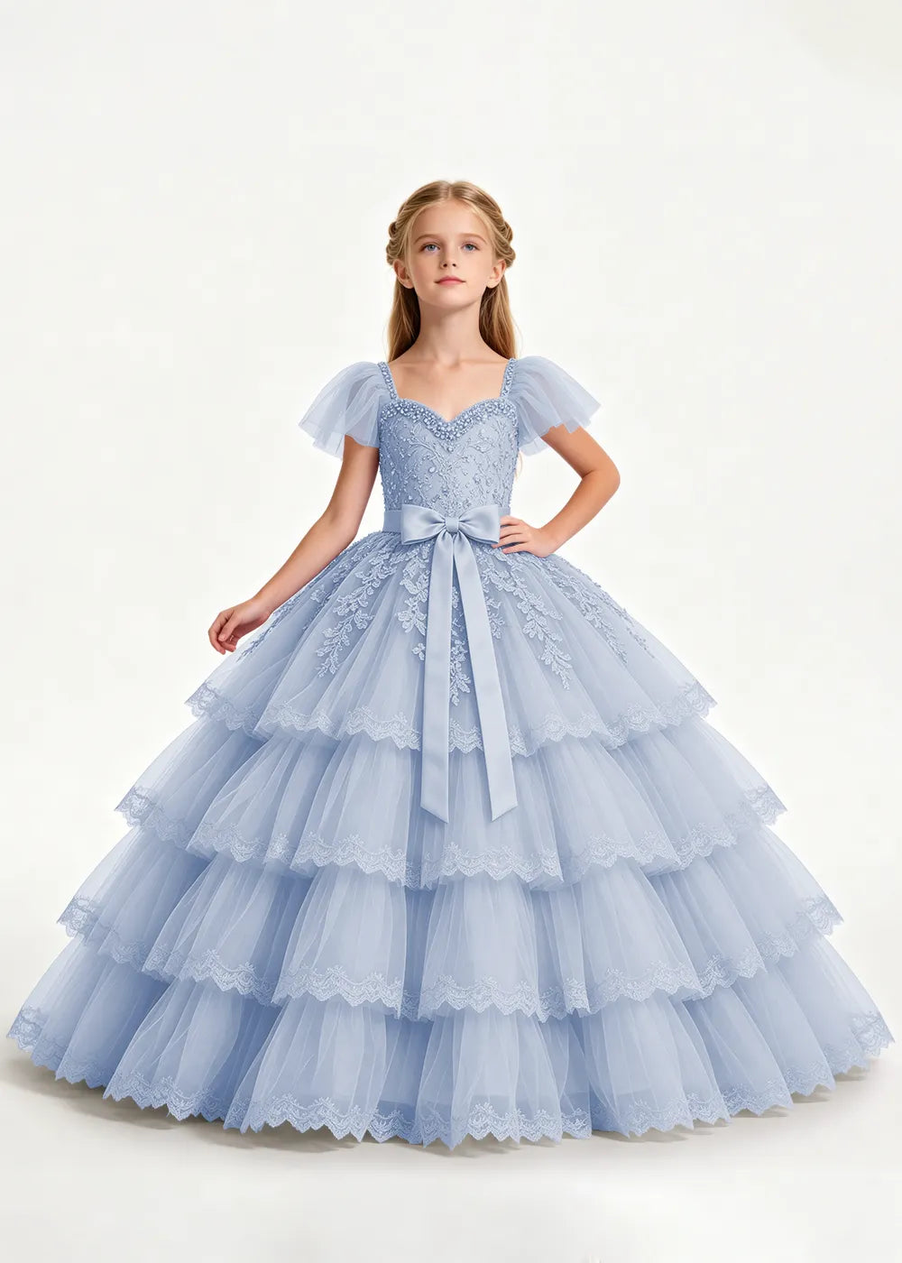 Pale Lavender Four-Tier Flower Girl Gown with Front Bow