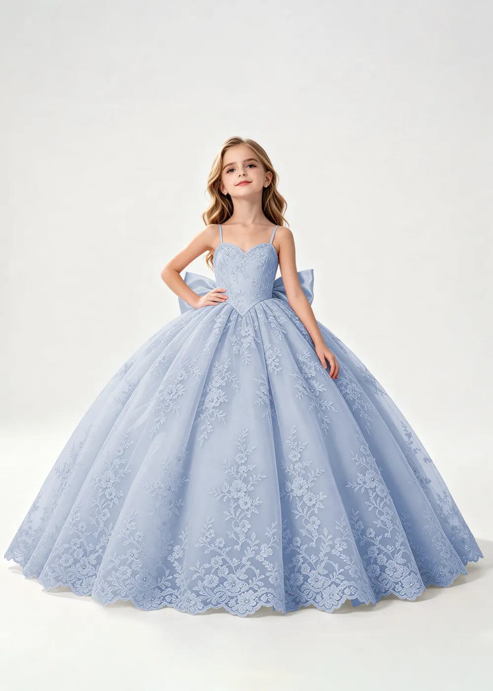 Flower girl dress in Dusty Blue, front view.