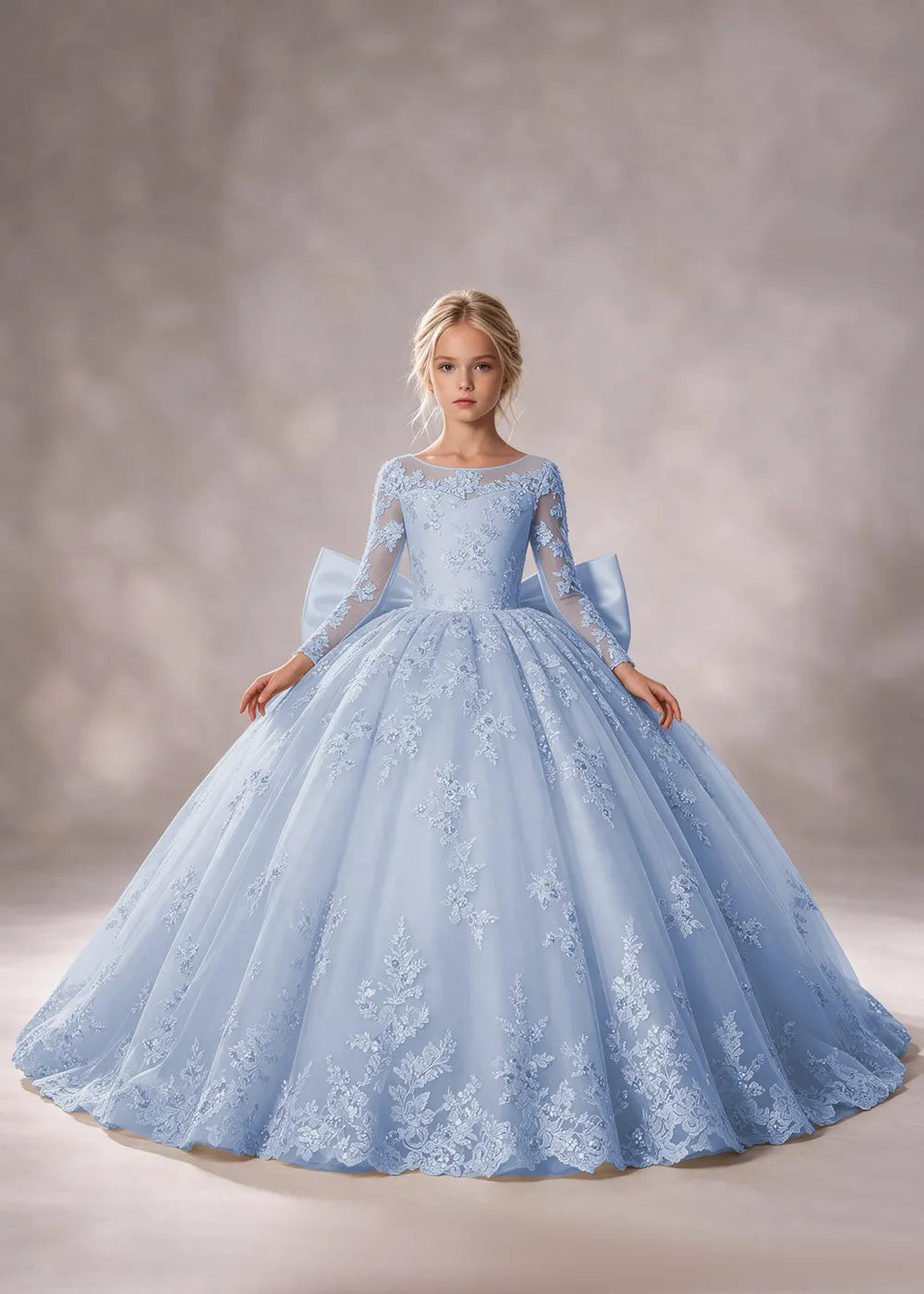 Flower girl dress in Dusty Blue, front view.