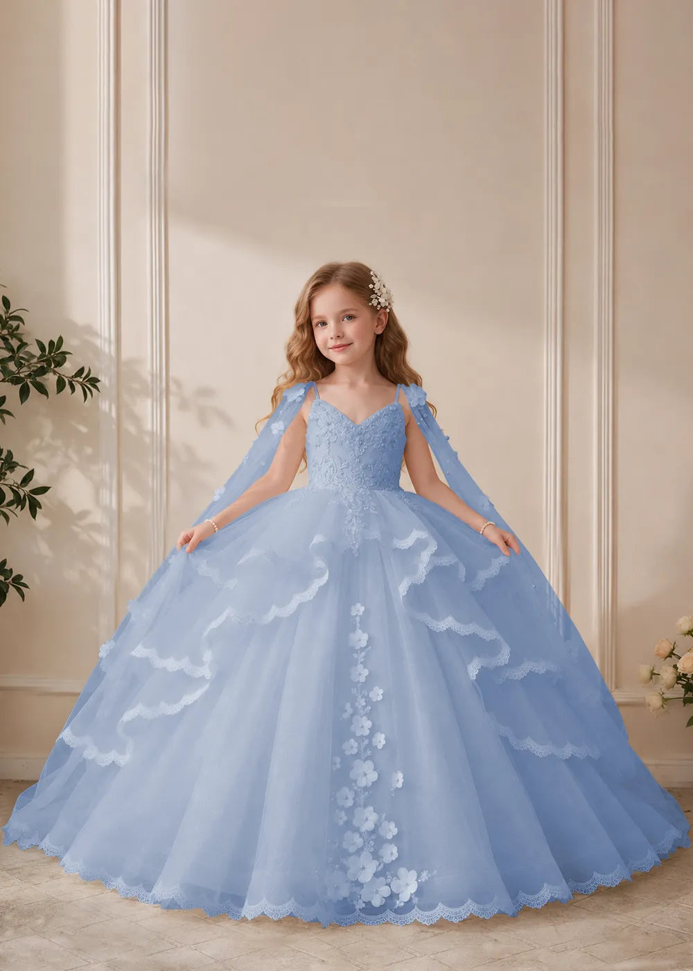 Dusty Rose Flower Girl Dress with Floral Lace and Shoulder Drapes