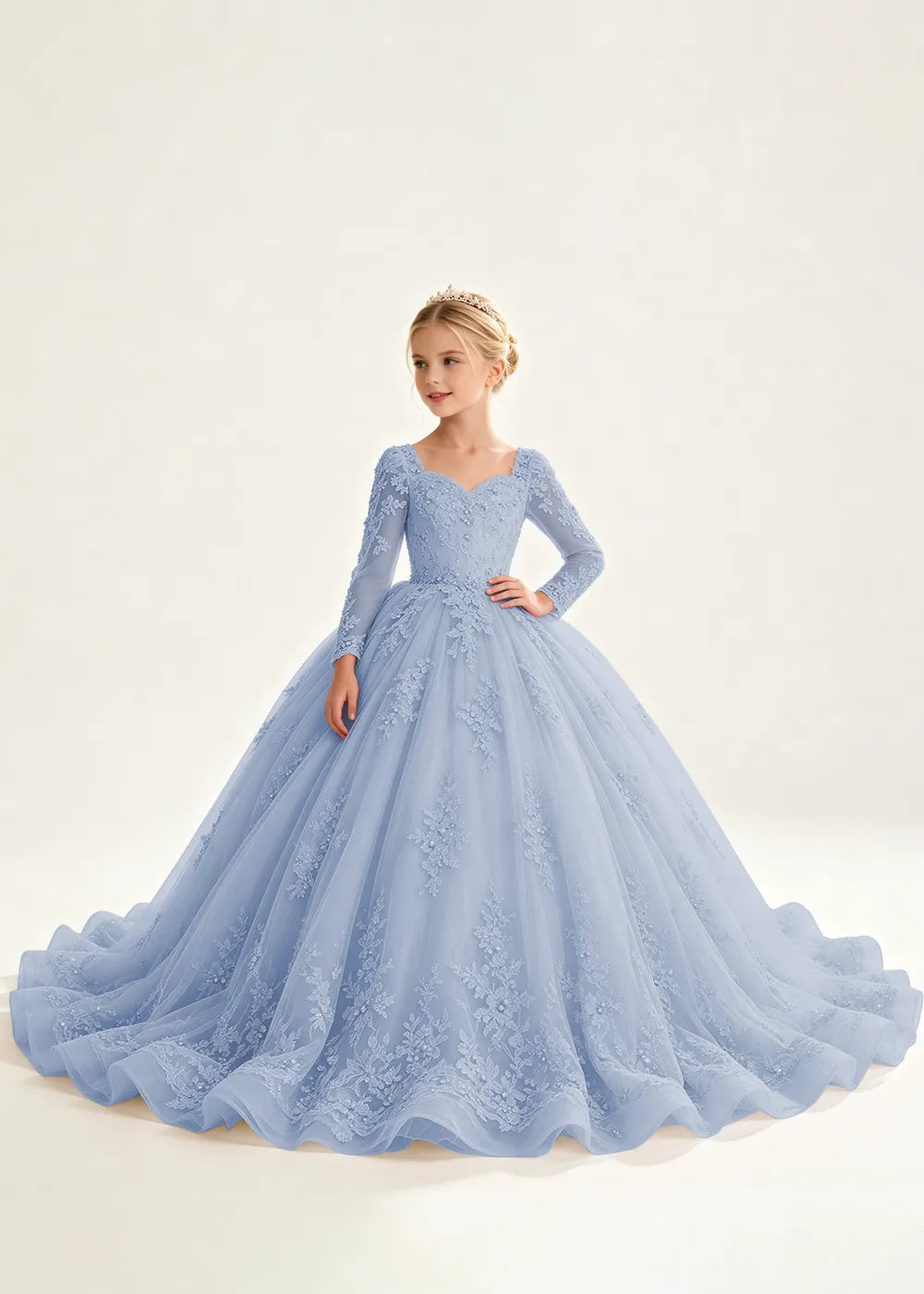 Flower Girl Dress with Long Lace Sleeves and Train