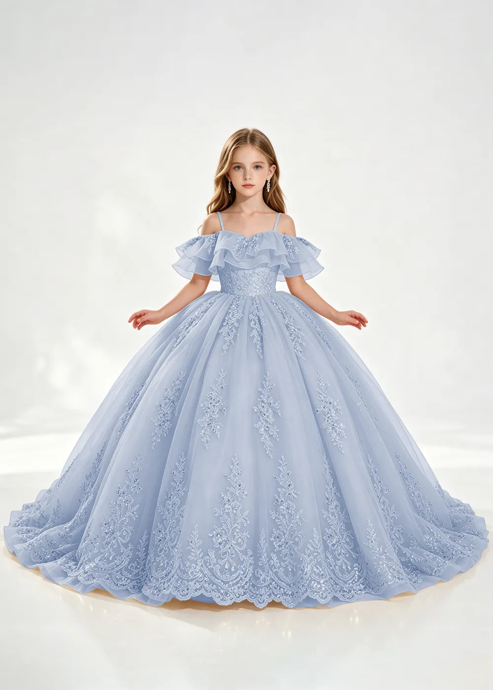Champagne Off-Shoulder Lace-Hem Flower Girl Dress