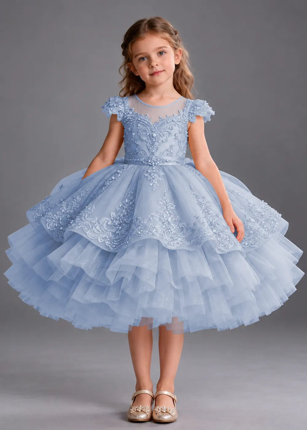 Navy Blue Flower Girl Dress with Beaded Lace and Short Ruffle Skirt
