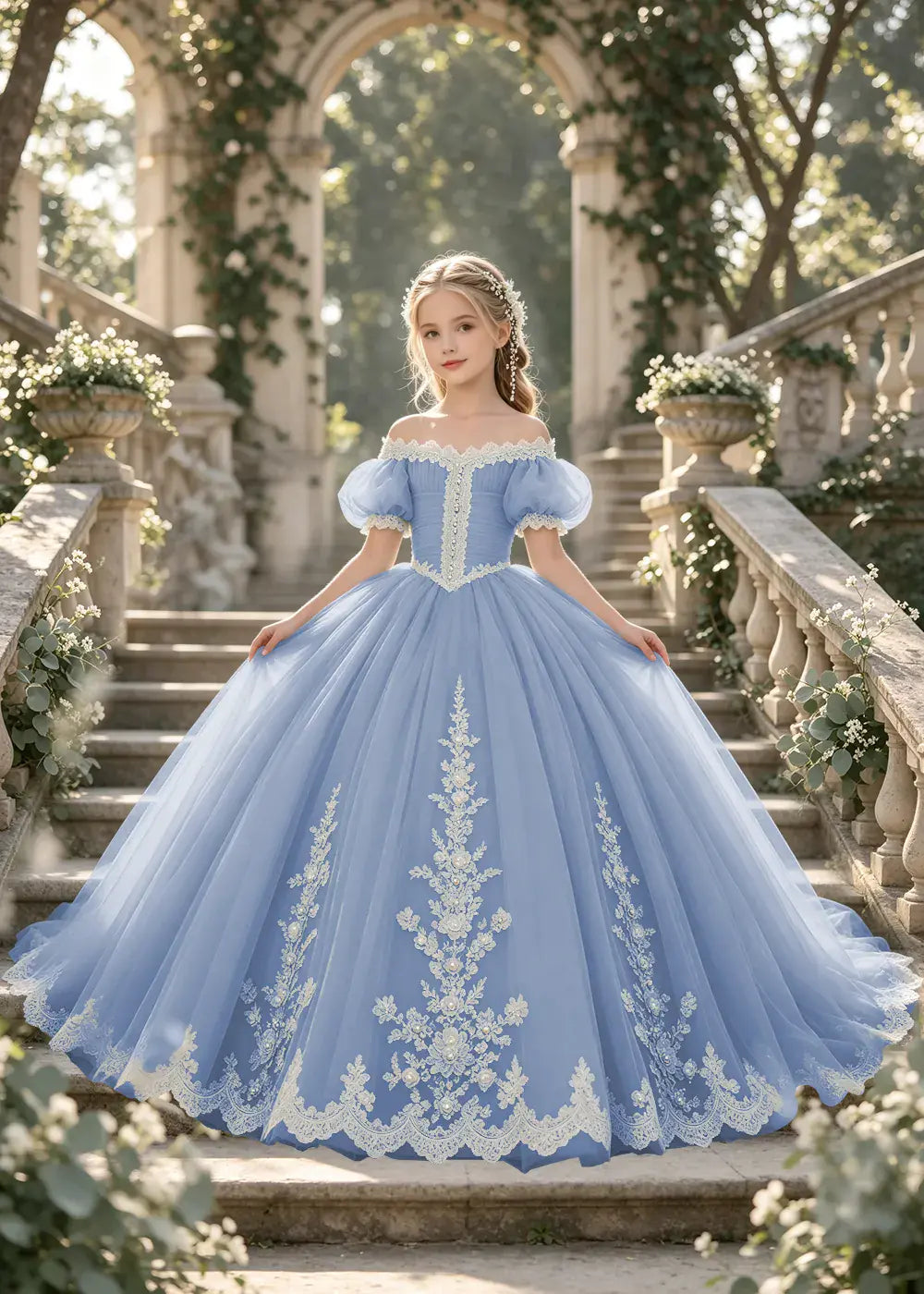 Flower girl dress in Dusty Blue, front view.