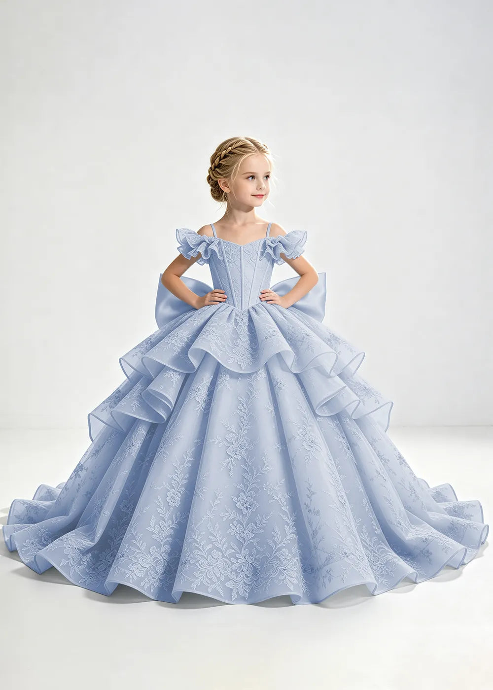 Light Blue Lace-Up Rear-Bow Flower Girl Dress