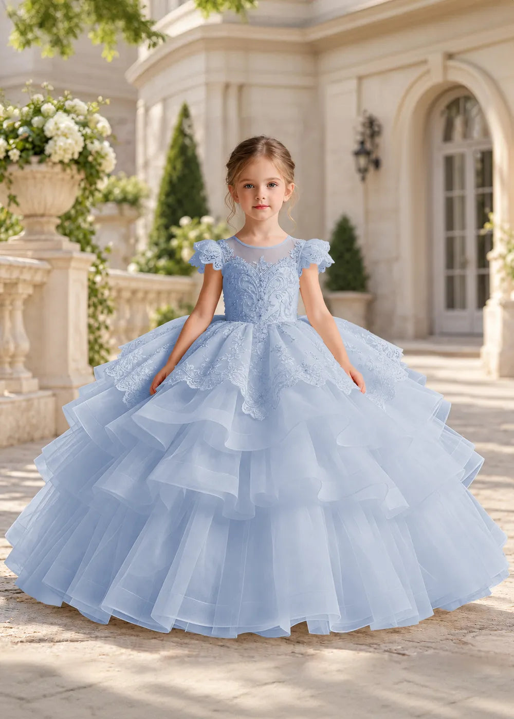 Dusty Blue Lace-Cap Flower Girl Dress with Cascading Skirt
