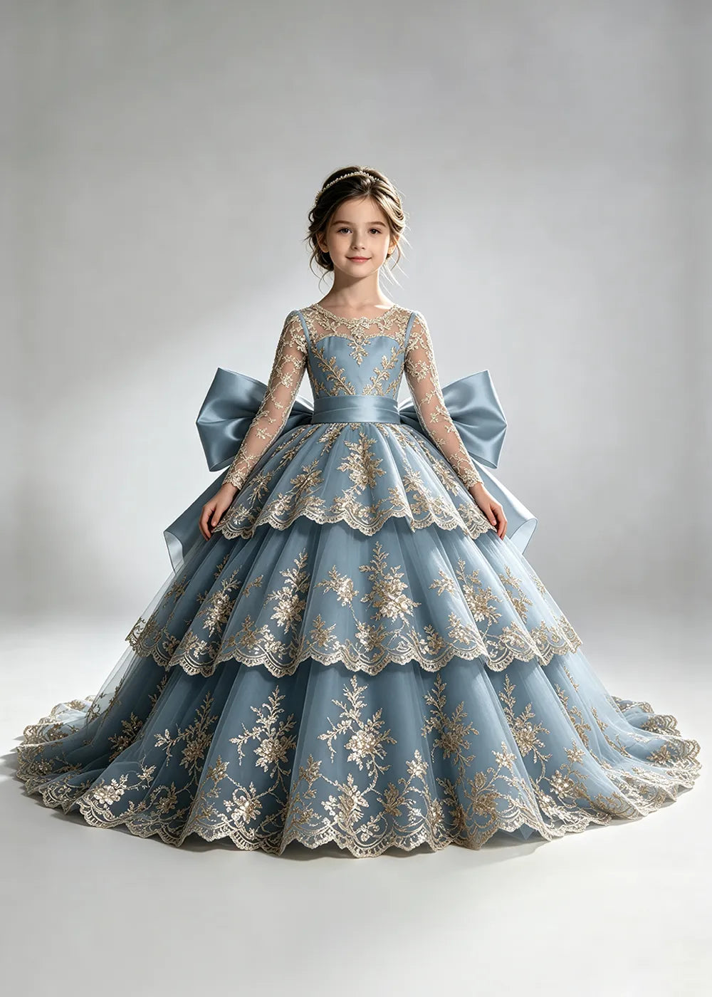 Long Sleeve Lace Flower Girl Dress with Sash Bow and Tiered Skirt