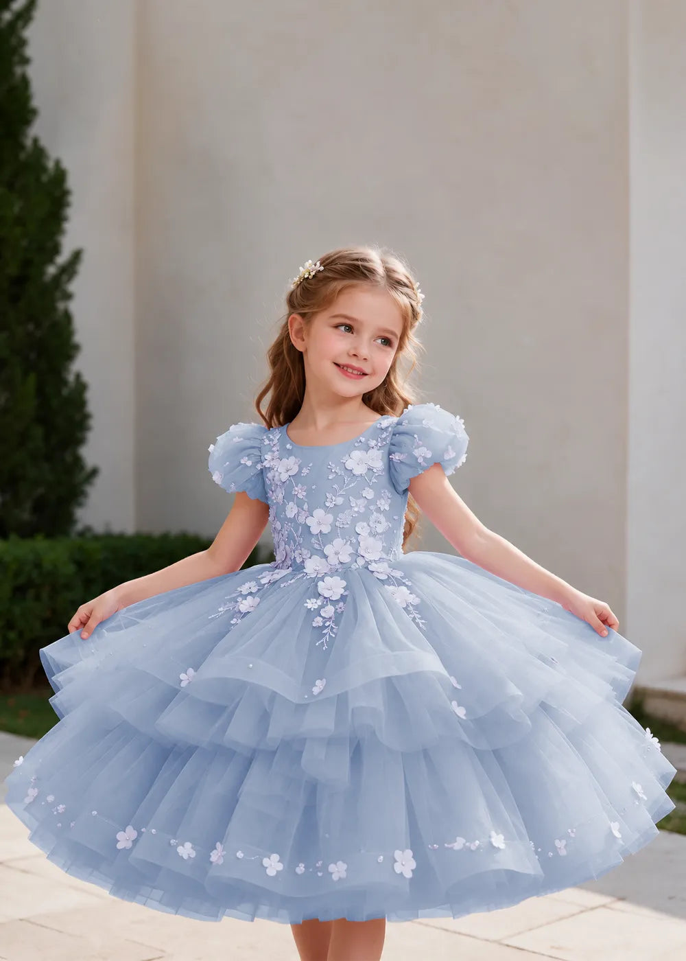 Lilac Puff-Sleeve Flower Girl Dress with Three-Tier Skirt