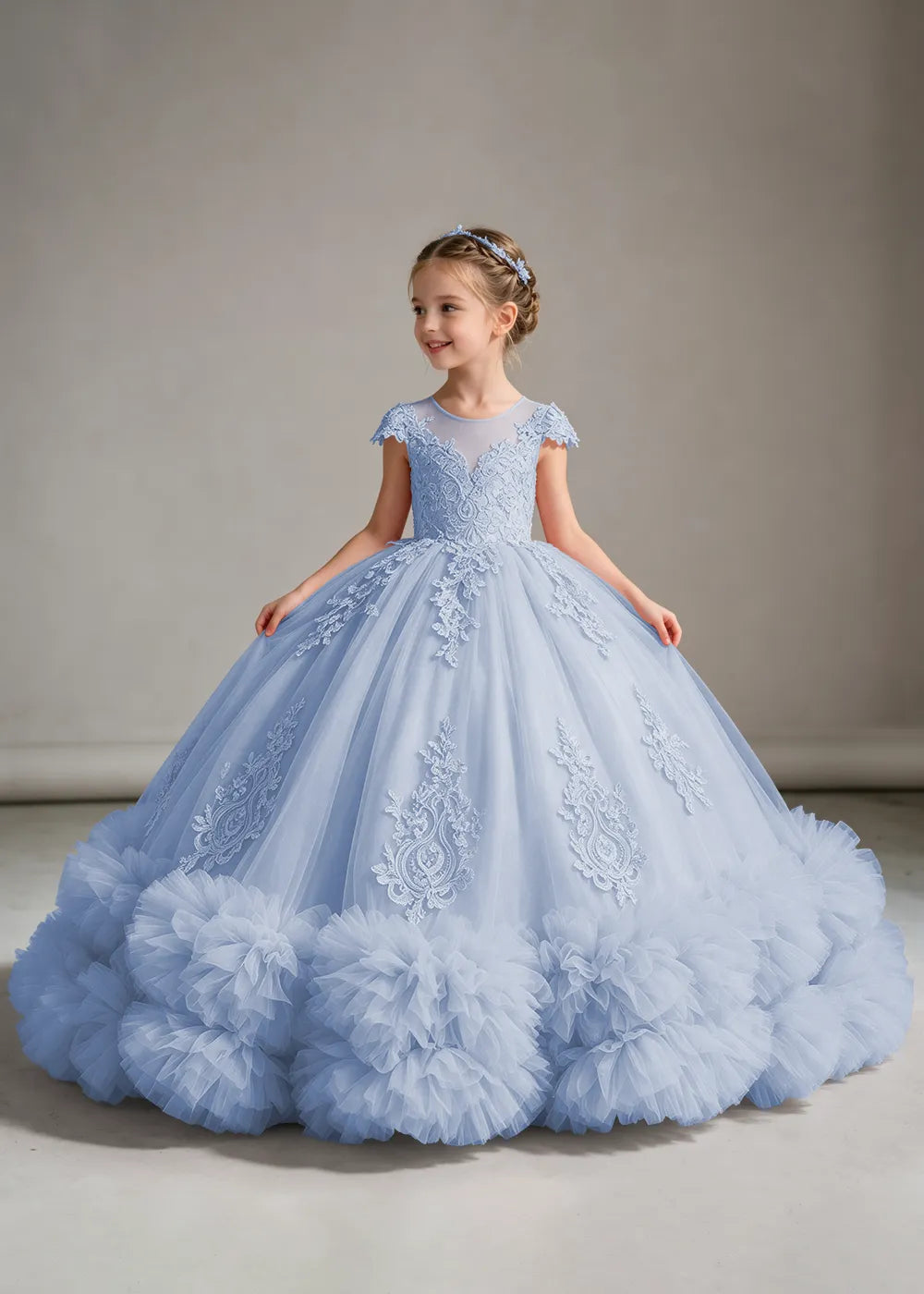 Pink Flower Girl Ball Gown with Floral Bodice and Ruffle Hem