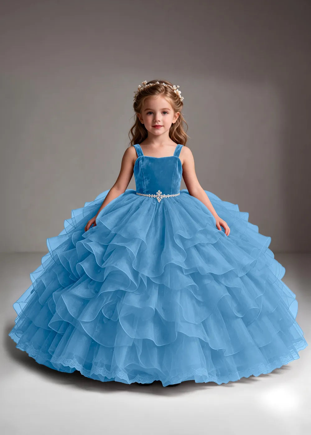 Burgundy Flower Girl Dress with Cascading Ruffles and Jeweled Waist