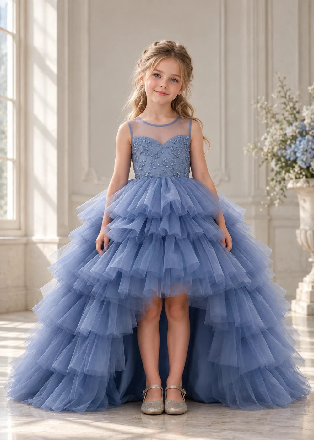 Front view of a child wearing a dusty blue flower girl dress with a sheer illusion neckline over a beaded bodice and a high-low tulle skirt with broad tiered ruffle layers.