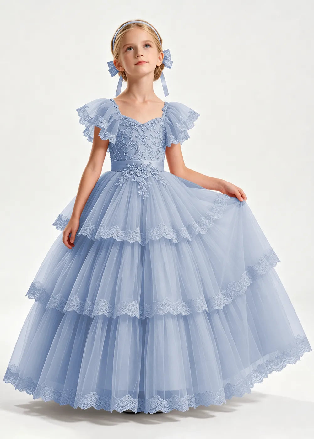 Warm Blush Pink Flower Girl Ball Gown with Three Lace-Edged Tiers
