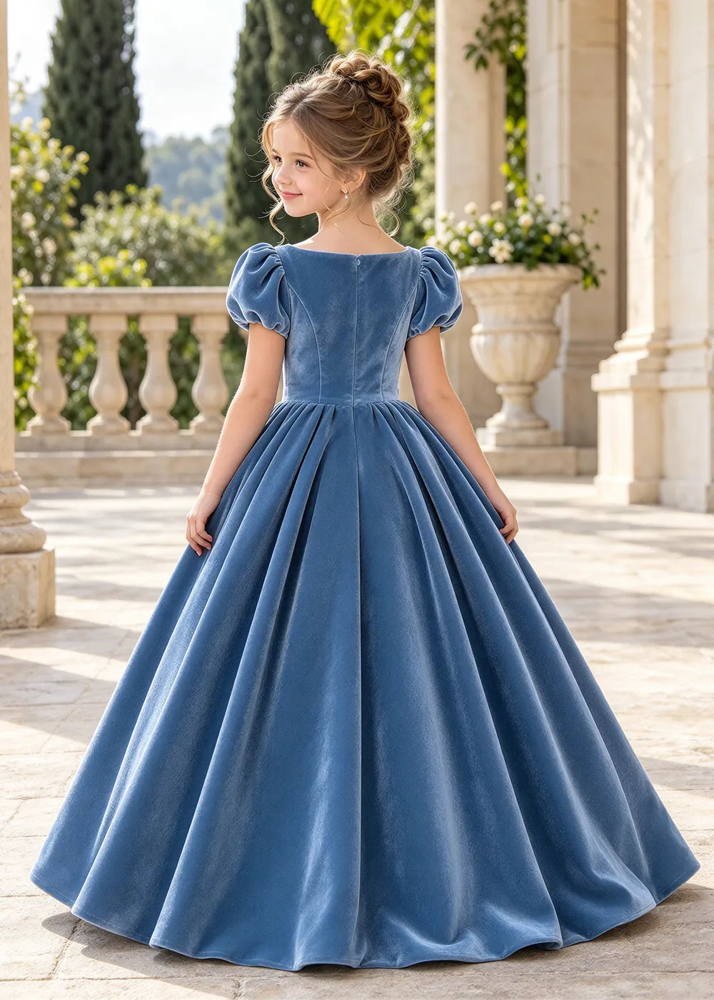 The rear view of a child wearing a Dusty Blue flower girl dress with a square neckline, short puff sleeves and a large velvet bow above a full tiered skirt.