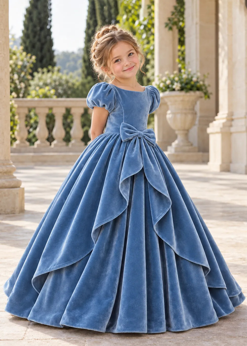 The three-quarter view of a child wearing a Dusty Blue flower girl dress with a square neckline, short puff sleeves and a large velvet bow above a full tiered skirt.