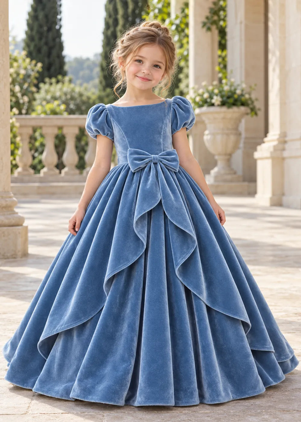 The front view of a child wearing a Dusty Blue flower girl dress with a square neckline, short puff sleeves and a large velvet bow above a full tiered skirt.