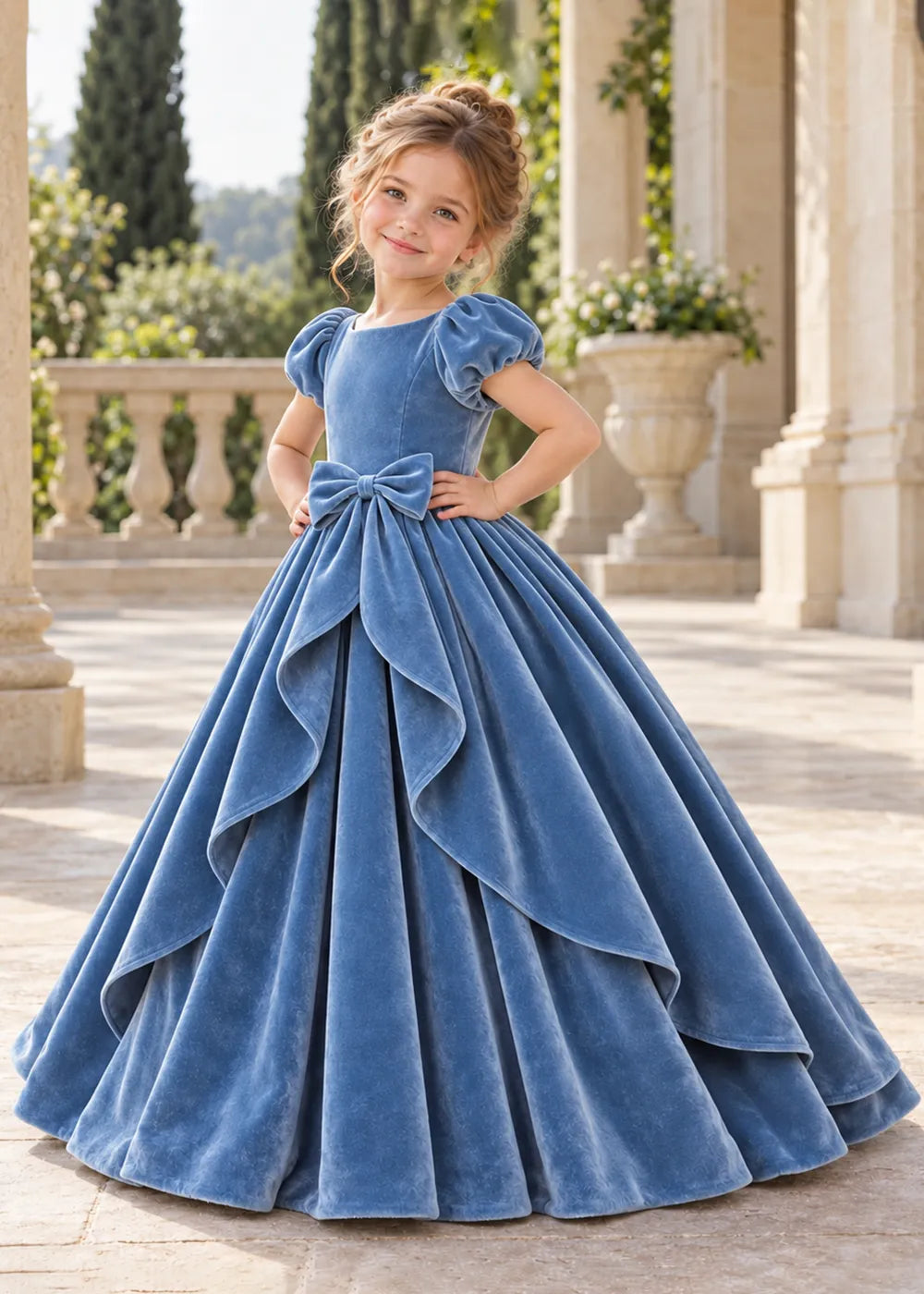 The front view of a child wearing a Dusty Blue flower girl dress with a square neckline, short puff sleeves and a large velvet bow above a full tiered skirt.