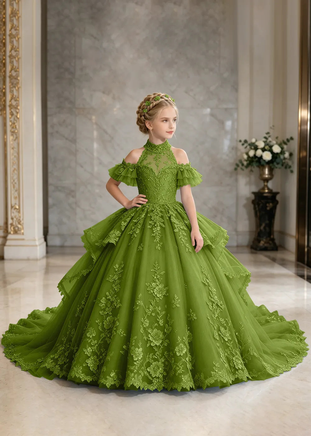 Illusion Neck Peplum Lace Flower Girl Ball Gown Dress