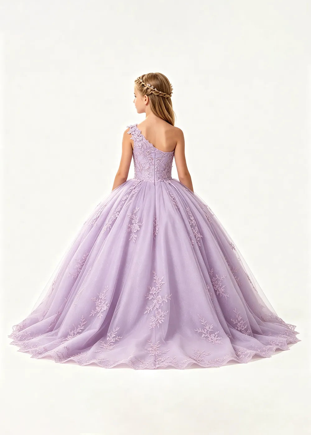 One-Shoulder High-Low Lace Princess Dress for Girls
