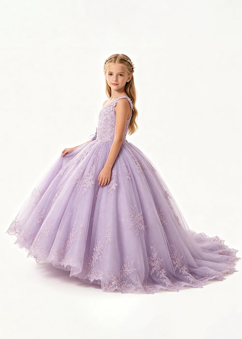 One-Shoulder High-Low Lace Flower Girl Ball Gown Dress