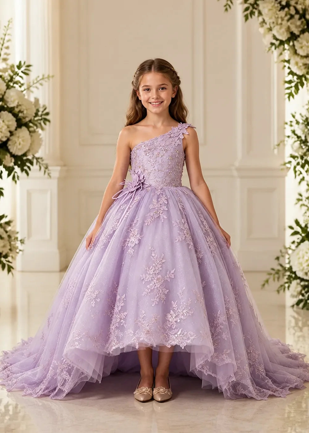 One-Shoulder High-Low Lace Flower Girl Ball Gown Dress