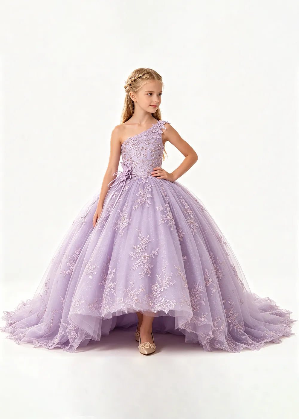 One-Shoulder High-Low Lace Flower Girl Ball Gown Dress