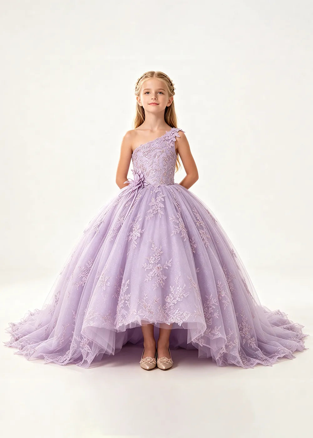 One-Shoulder High-Low Lace Flower Girl Ball Gown Dress