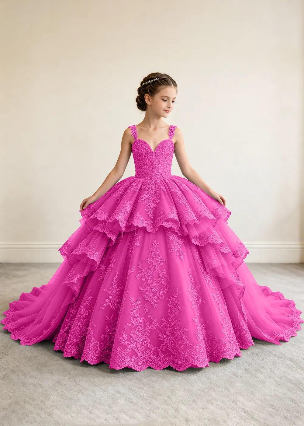 V-Neck Tiered Lace Princess Dress for Girls