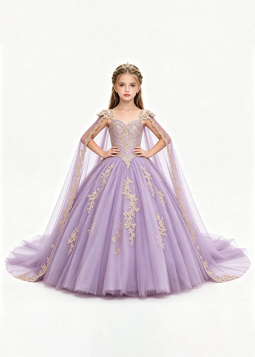 Gold Appliqué Cape Flower Girl Ball Gown Dress