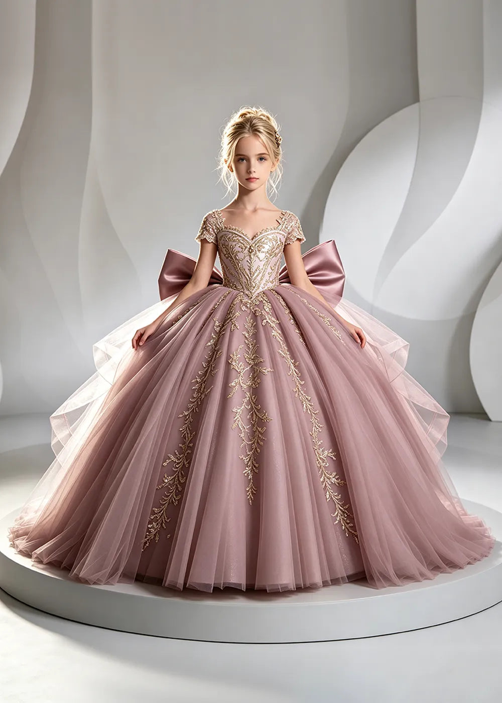 Cap Sleeve Sequin Bodice Flower Girl Dress with Bow and Gold Embroidery