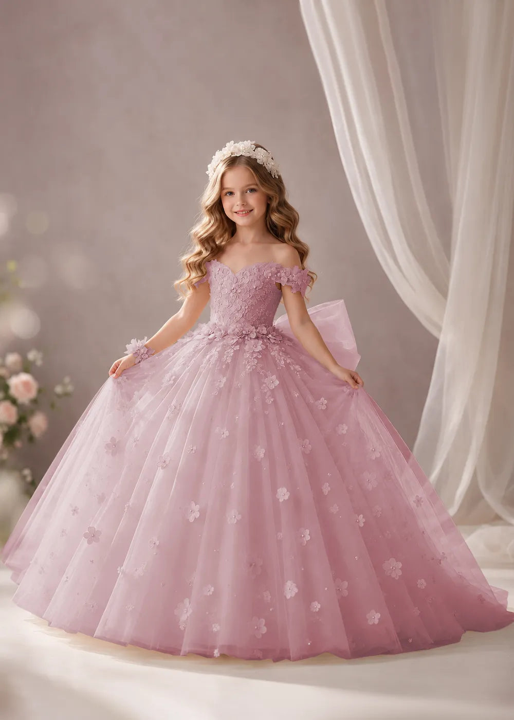 Pink Flower Girl Dress with Floral Appliques and a Full Skirt