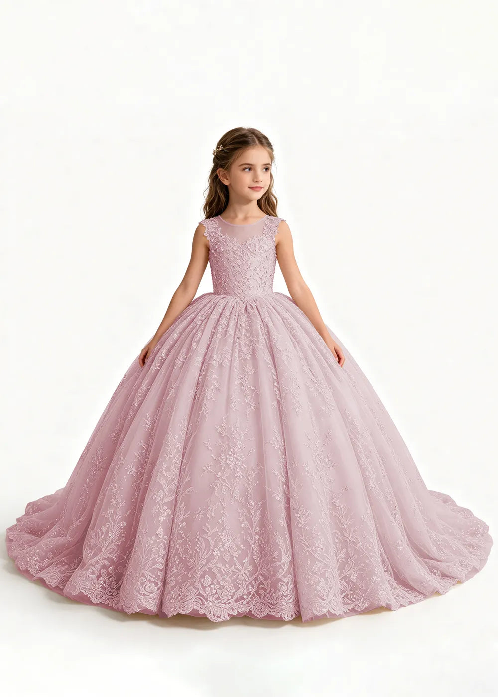 Champagne Flower Girl Gown with Floral Lace and Train